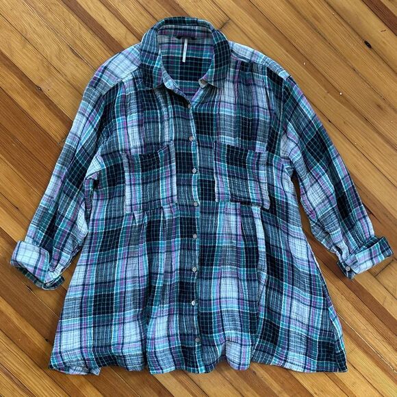 Free People The Voyage Plaid Shirt Dress in Twilight Size S - Picture 2 of 5